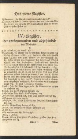 IV. Register, der vorkommenden und abgehandelten Materien