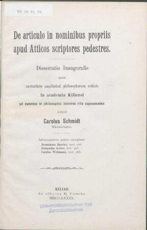 De articulo in nominibus propriis apud Atticos scriptores pedestres