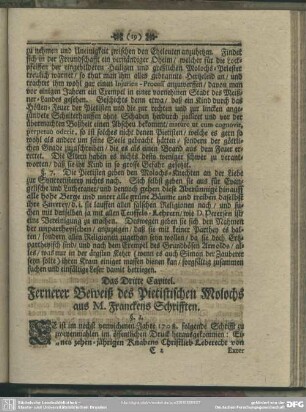 Das Dritte Capitel. Fernerer Beweiß des Pietistischen Molochs aus M. Franckens Schrifften