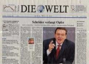 Tageszeitung "Die Welt" zur Regierungserklärung von Gerhard Schröder nach seiner Wiederwahl