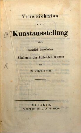 Verzeichniß der Kunstausstellung der Königlich Bayerischen Akademie der Bildenden Künste in München, 1835