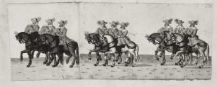 Aufzug zur Fastnacht 1609 in Dresden : Jägergruppe zu Pferd. Blatt 60 aus "Abriß und Verzeichnis aller Inventionenen und Aufzüge, welche an Fastnachten Anno 1609 im kurfürstl. Schlosse zu Dresden aufgeführt wurden". Deckfarben, 289 x 527 mm, 1609. SLUB: Mscr.Dresd.J.18