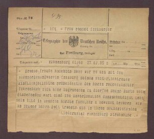 Beileidstelegramm vom Liederkranz Ravensburg zum Tod von Constantin Fehrenbach