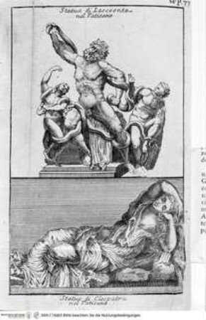 Roma antica, e moderna o sia Nuova descrizione della moderna città di Roma, e di tutti gli edifizj notabili, che sono in essa, (...). Band 1, Rom, Musei Vaticani, Laokoon-Gruppe (oberes Bildfeld) Rom, Musei Vaticani, Arianna Dormiente (unteres Bildfeld)