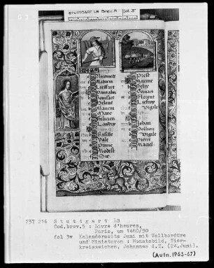 Lateinisches Stundenbuch (Livre d'heures) — Kalenderseite Juni mit Illustrationen und Vollbordüre, Folio 3verso