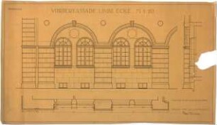 Billing, Hermann; Karlsruhe (Baden-Württemberg), Ritterstr.; Bebauung Ettlinger Tor, Städtische Feuerwache - Vorderfassade, Linke Ecke (Grundriss; Ansicht; Schnitt)