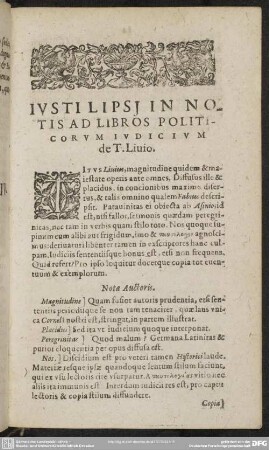 Justi Lipsi In Notis Ad Libros Politicorum Judicium de T. Livio