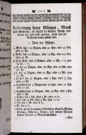 Resolvirung derer Müntzen, Maaß und Gewicht, so in diesem Buch enthalten.