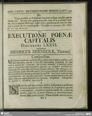De Executione Poenae Capitalis, Discursus LXXVI. Defendens Henricus Zernecke, Thorun.