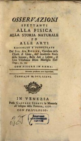 Osservazioni spettanti alla fisica, alla storia naturale ed alle arti. 1776, Jan.