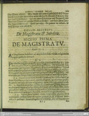 Titulus Secundus, De Magistratu & Subditis