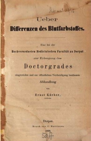 Ueber Differenzen des Blutfarbstoffes : Inaug. Diss.