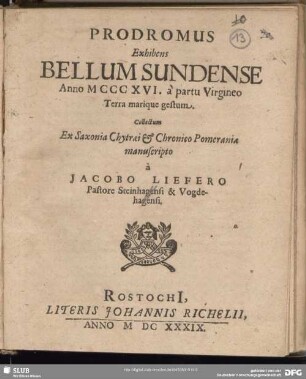 Prodromus Exhibens Bellum Sundense Anno MCCCXVI. a partu Virgineo Terra marique gestum : Collectum Ex Saxonia Chytræi & Chronico Pomeraniæ manuscripto