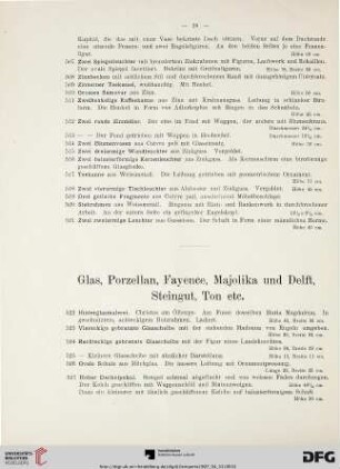 Glas, Porzellan, Fayence, Majolika und Delft, Steingut, Ton etc. (Nr. 522-730)