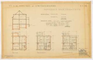 Doppelhaus Oranienburger Straße, Berlin-Reinickendorf: Doppelhaus Typ 22: Schnitt, Grundrisse Kellergeschoss, Erdgeschoss und Dachgeschoss 1:100