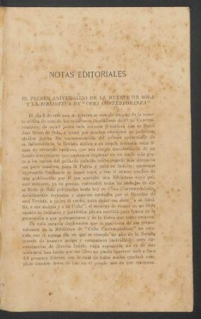 El primer aniversario de la muerte de Sola y la Biblioteca de "Cuba Contemporánea"