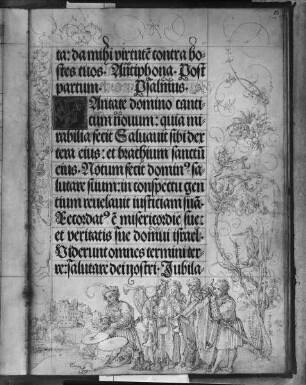 Gebetbuch Kaiser Maximilians I. — Eisvogel in Ranken; Musikantenchor (für den Text: Cantate Domino...), Folio 50recto
