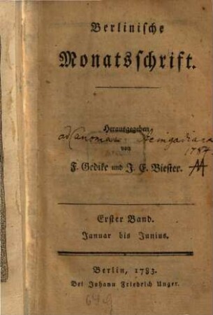 Berlinische Monatsschrift. 1. 1783