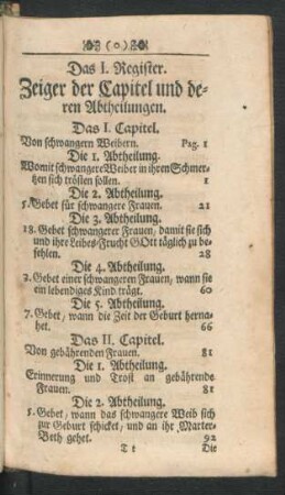 Das I. Register. Zeiger der Capitel und deren Abtheilungen