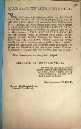 Madame Et Monseigneur, Nous avons reçu avec autant de respect que de reconnoissnce la Dépêche de Vos Altesses Royales, ...