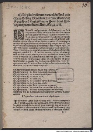 Prognosticon . Ferrara, 1496.01.13 : Gewidmet Ercole I. d'Este, Herzog von Ferrara