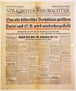 NS-Tageszeitung "Völkischer Beobachter" u.a. zur Neuordnung der SA nach der "Röhm-Affäre"