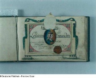 Titelblatt: Goennern, Lehrern und Freunden gewidmet. Vexierbild mit Januskopf, Lehrer und Freunde symbolisierend