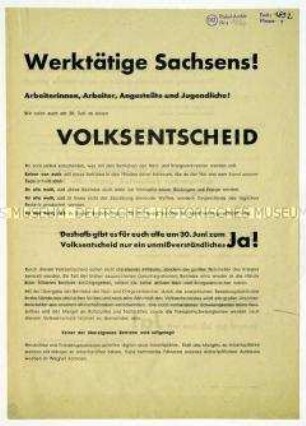 Aufruf des Landesvorstandes Sachsen des FDGB zum Volksentscheid über die Enteigung der Kriegsverbrecher