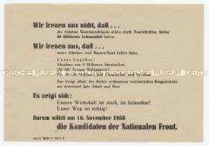 Handzettel mit Wirtschaftspropaganda und Aufruf zur Volkskammerwahl 1958