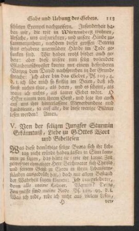 V. Von den seligen Jungfer Sturmin Erkänntniß, Liebe zu Gottes Wort und Bibellesen.
