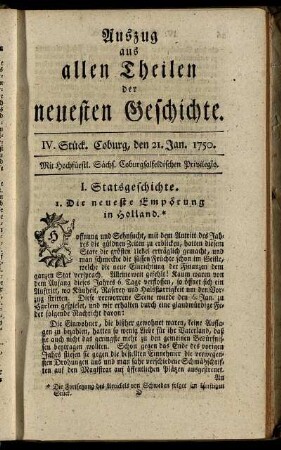 IV. Stück. Coburg, den 21. Jan. 1750.