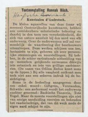 Tentoonstelling Hannah Höch. Kunstzalen d'Audretsch. [Haagsche Courant, Den Haag]. Rezension zur Ausstellung Hannah Höchs in der Galerie d'Audretsch, Den Haag, Mai bis 12. Juni 1934.