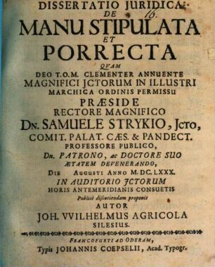 Diss. iur. de manu stipulata et porrecta