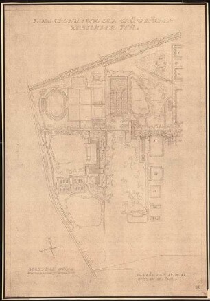 Gartenanlage Werksgelände Flugmotorenwerke Ostmark, Wien: Gestaltungsplan der Grünflächen, Westlicher Teil: Lageplan 1:2000
