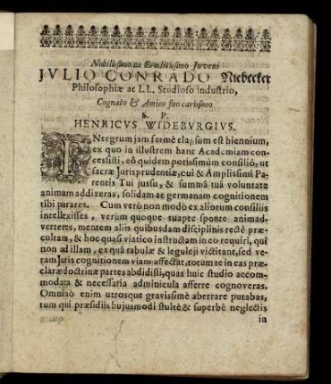 Nobilissimo ac Eruditissimo Juveni Julio Conrado Niebecker [...]