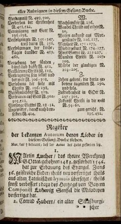 Register der bekanten Autorum deren Lieder in diesem Gesang-Buche stehen.