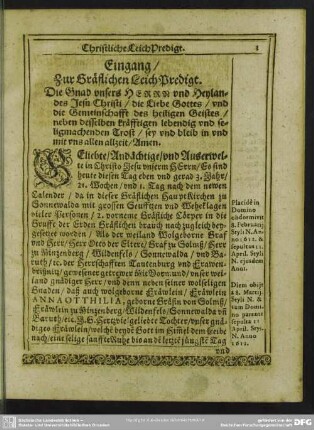 Leichenpredigt : Christliche LeichPredigt, Eingang, LeichText, Außlegung und Erklärung des Textes, [Usus]