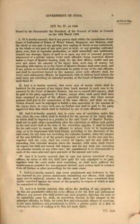 Acts of the government of India, passed by the president in council for the year 1839 : Ordered, t. b. pr. 11 Febr. 1841