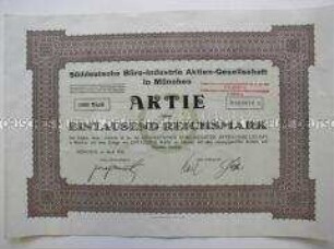 Aktie der Süddeutschen Büro-Industrie Aktien-Gesellschaft München über Eintausend Reichsmark