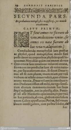 SECUNDA PARS. De probatione metaphysici magisterij, per munde creationem.