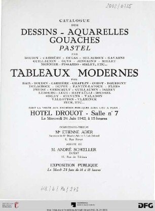 Catalogue des dessins - aquarelles, gouaches, pastels par Boudin ... : tableaux modernes par bail ... ; dont la vente aux enchères publiques aura lieu à Paris, Hotel Drouot, 24 juin 1942