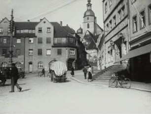 Colditz, Markt, Blick zur Ostseite mit dem Turm der Stadtkirche St. Aegidien