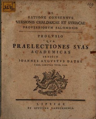 De Ratione Consensvs Versionis Chaldaicae Et Syriacae Proverbiorvm Salomonis : Prolvsio