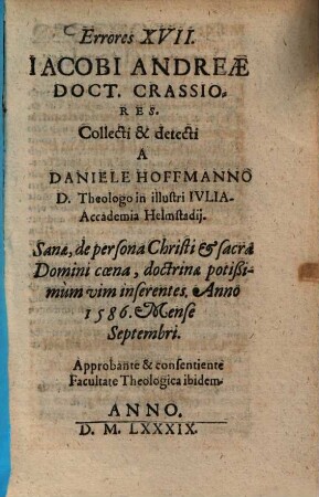 Errores XVII. Jacobi Andreae Doct. Crassiores ...
