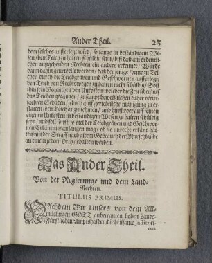 Das Ander Theil. Von der Regierunge und dem Land-Rechten.