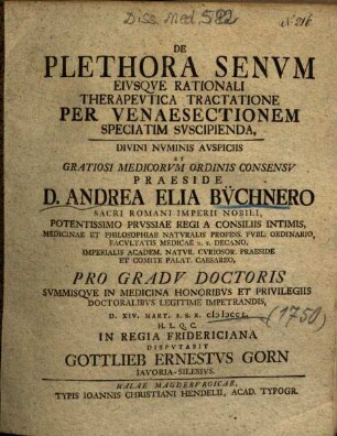 De Plethora Senvm Eivsqve Rationali Therapevtica Tractatione Per Venaesectionem Speciatim Svscipienda