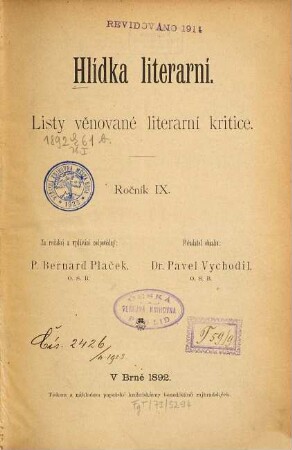 Hlídka literarní : listy věnované literarní kritice. 9. 1892