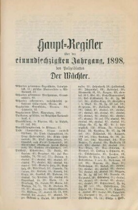 Haupt-Register über den einundsechzigsten Jahrgang, 1898, des Polizeiblattes "Der Wächter"