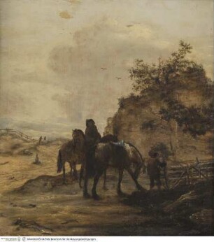 Berittene Bauern in karger Landschaft