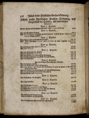 Inhalt dieser Fürstlichen Kirchen-Ordnung, und Verzeichniß der Capittel, und sonderlichen Puncten.